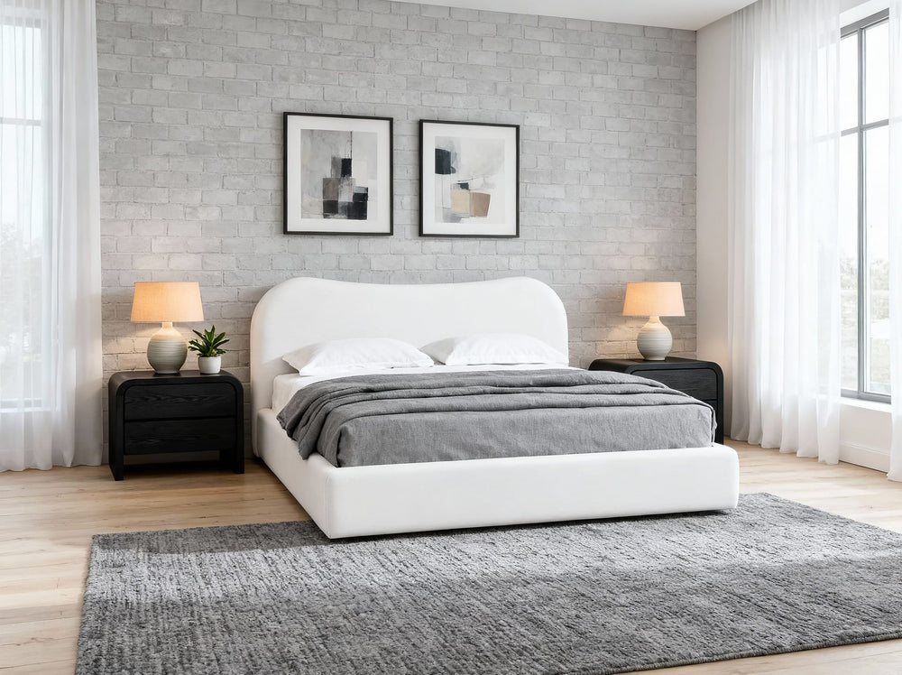 Elena Upholstered Bed in Vanilla Linen styled in a bedroom