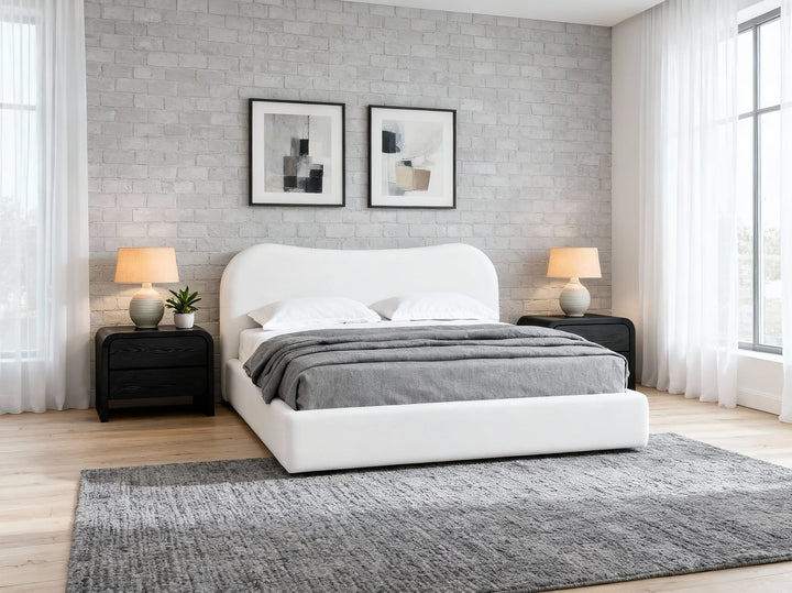 Elena Upholstered Bed in Vanilla Linen styled in a bedroom