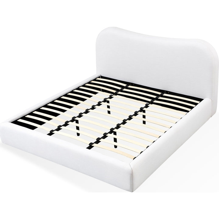 Elena Upholstered Bed in Vanilla Linen — without mattress, showing bentwood slats