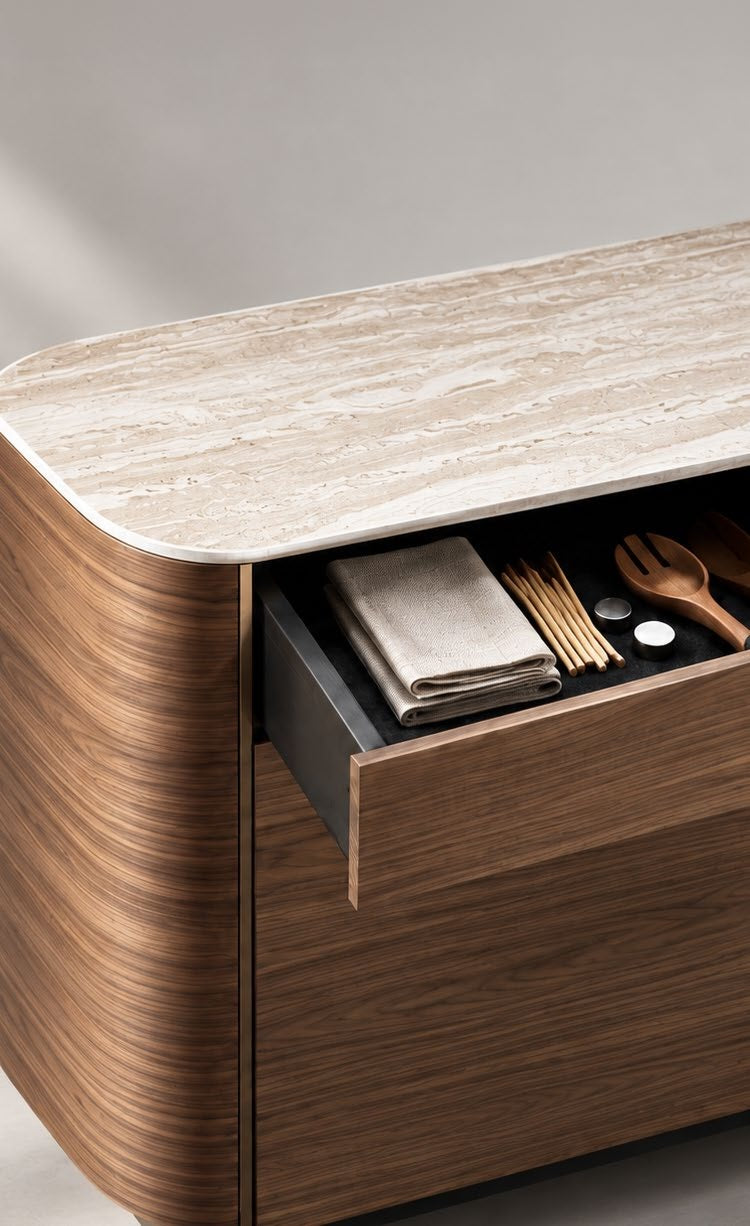 Elio 7679 Sideboard travertine top and lined drawer detail