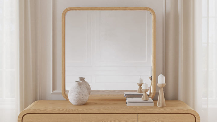 Elora Dresser Mirror in Timber — styled on the matching dresser (sold separately)