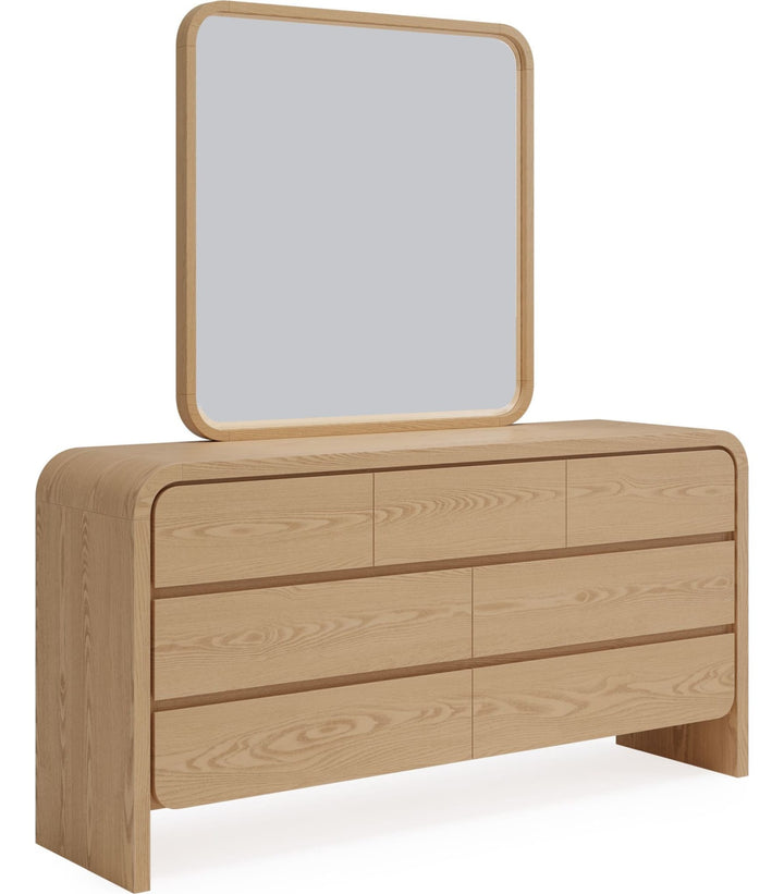 Elora Dresser Mirror in Timber — on a white background, mounted on the matching dresser (sold separately)