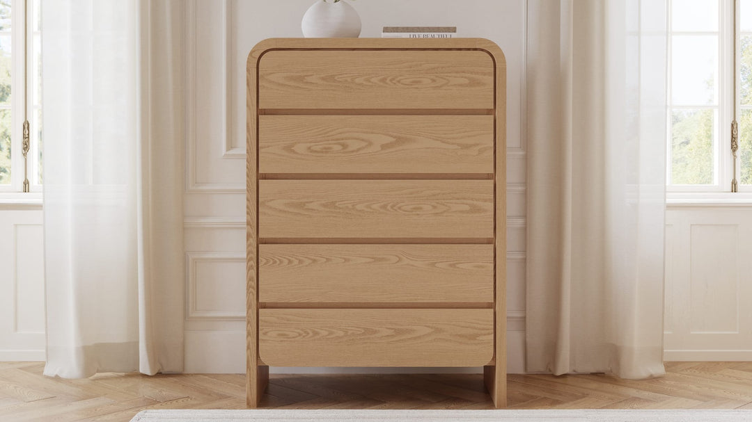 Elora Five Drawer Chest in Timber — styled in a room
