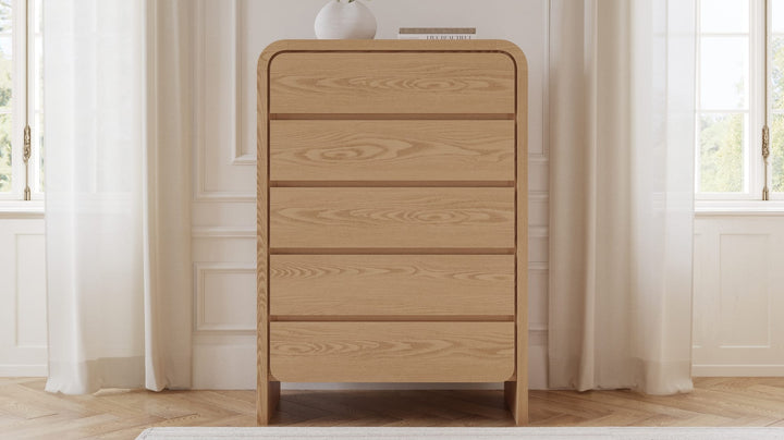 Elora Five Drawer Chest in Timber — styled in a room