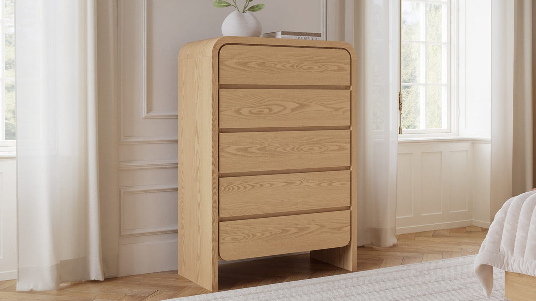 Elora Five Drawer Chest in Timber — styled in a room