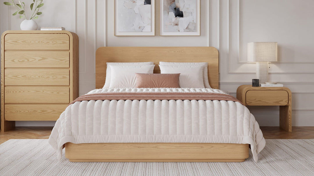 Elora Five Drawer Chest in Timber — in a bedroom setting