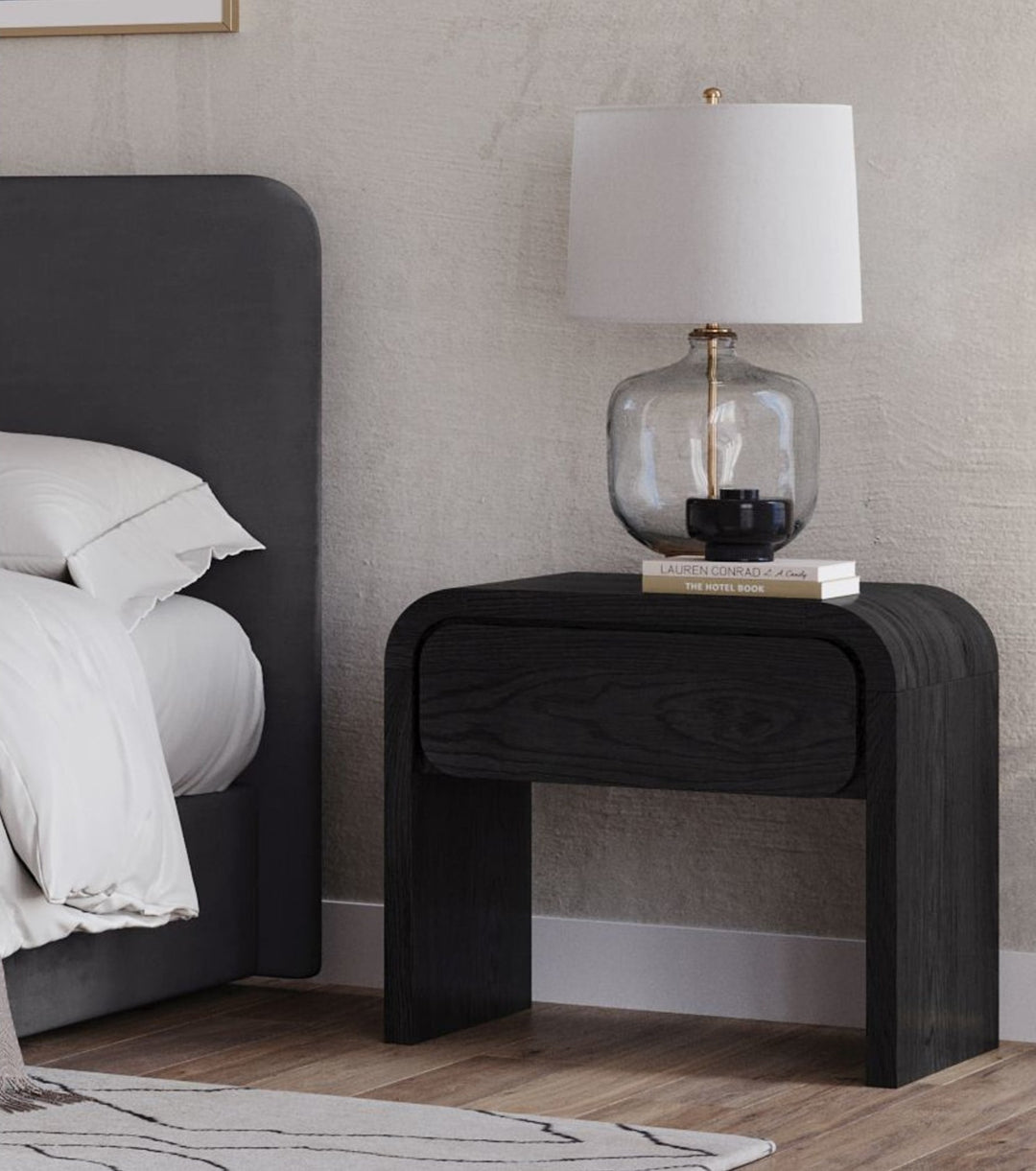 Elora One Drawer Nightstand in Jet — in a bedroom setting