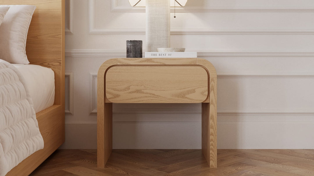 Elora One Drawer Nightstand in Timber — in a bedroom setting