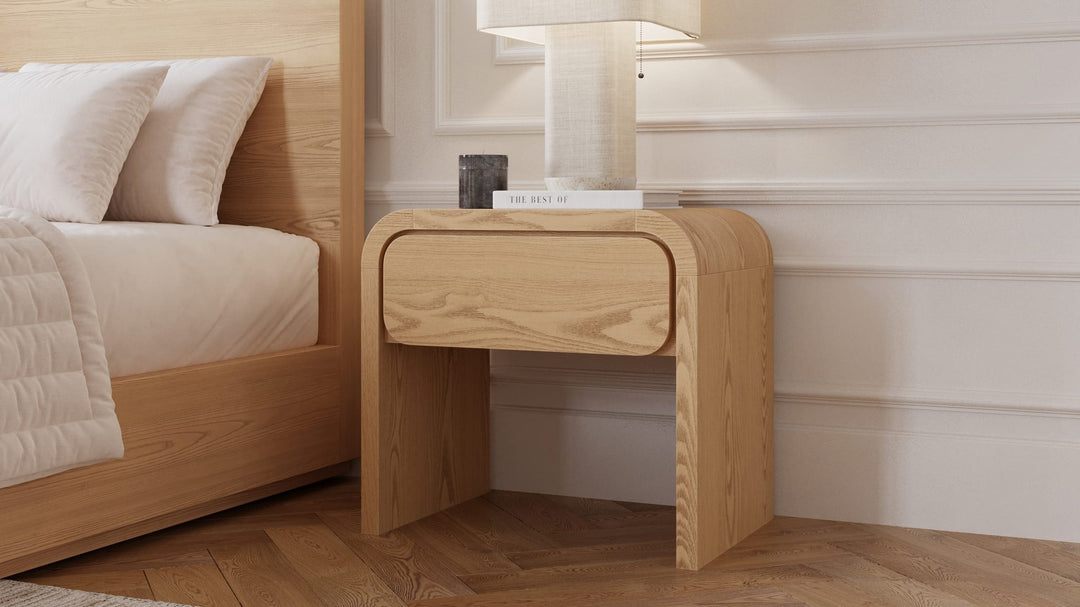 Elora One Drawer Nightstand in Timber — in a bedroom setting
