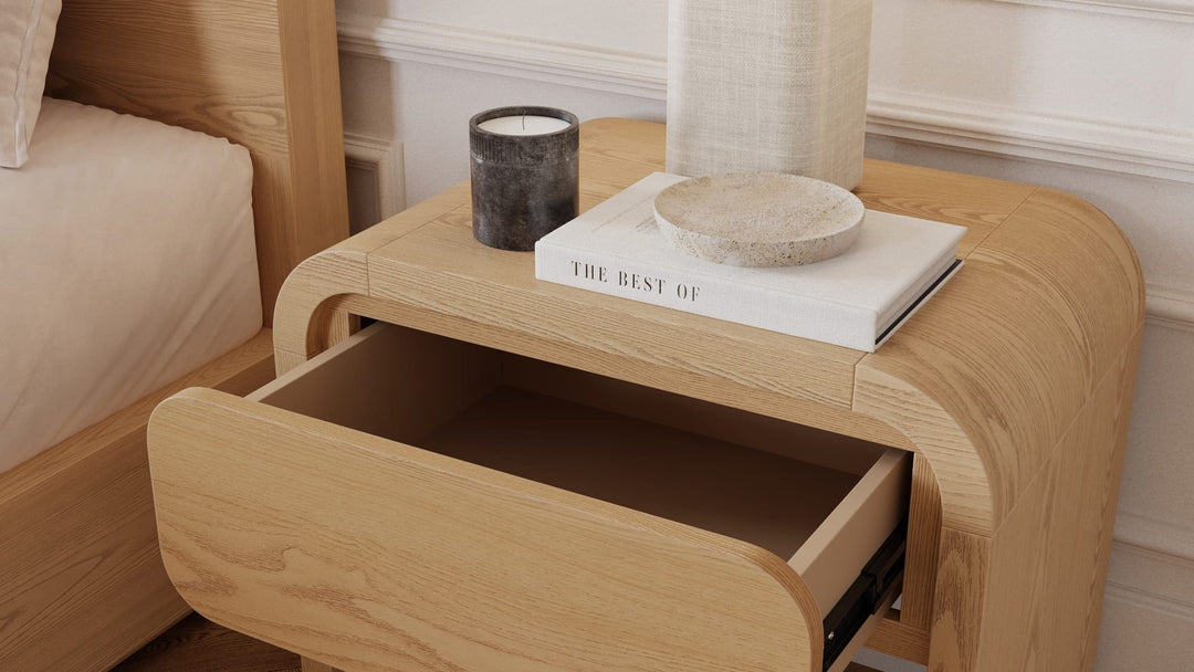 Elora One Drawer Nightstand in Timber — in a bedroom setting