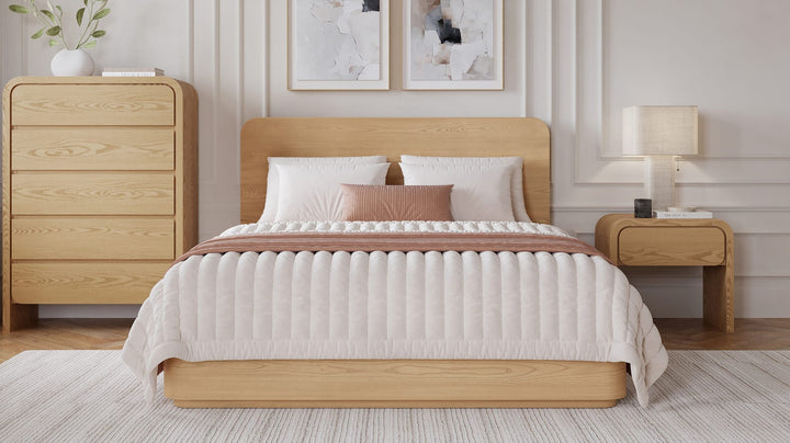 Elora One Drawer Nightstand in Timber — in a bedroom setting