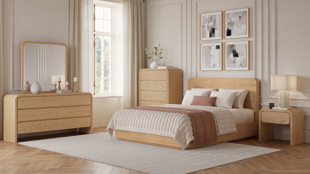 Elora One Drawer Nightstand in Timber — in a bedroom setting
