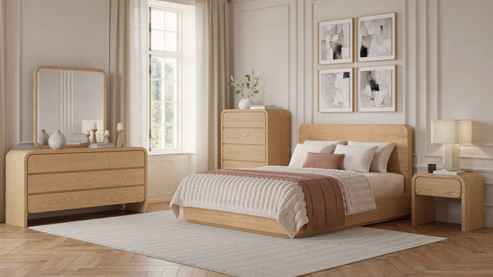 Elora One Drawer Nightstand in Timber — in a bedroom setting