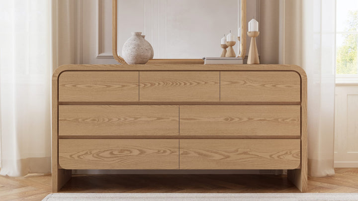 Elora Seven Drawer Dresser in Timber — styled in a room