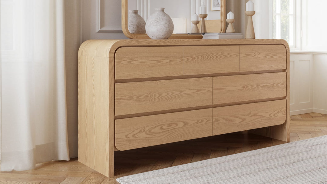 Elora Seven Drawer Dresser in Timber — styled in a room