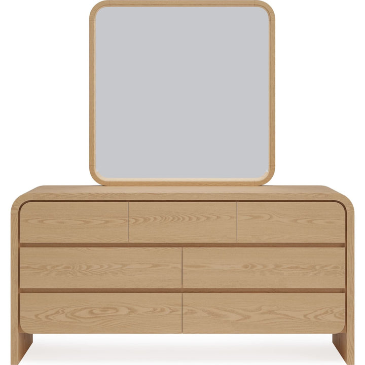 Elora Seven Drawer Dresser in Timber — on a white background with the matching mirror (sold separately)