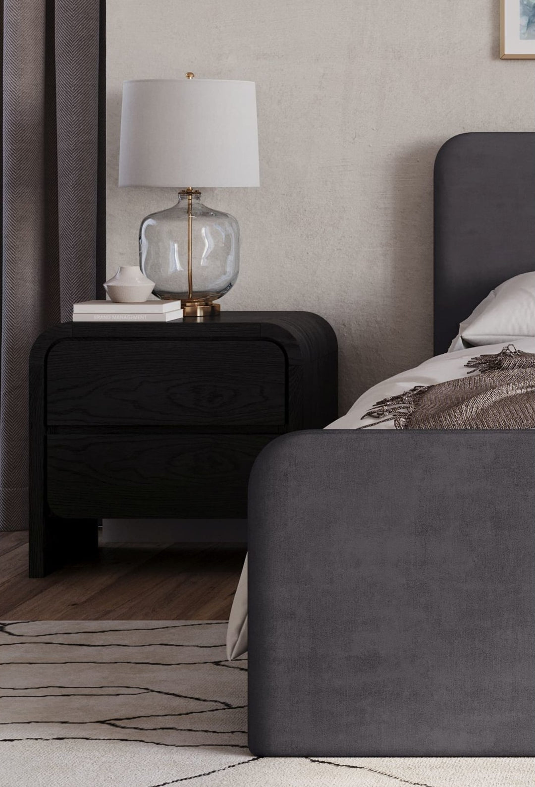 Elora Two Drawer Nightstand in Jet — in a bedroom setting