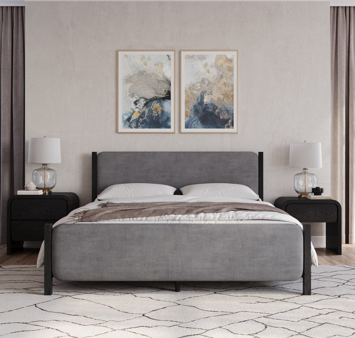 Elora Two Drawer Nightstand in Jet — in a bedroom setting