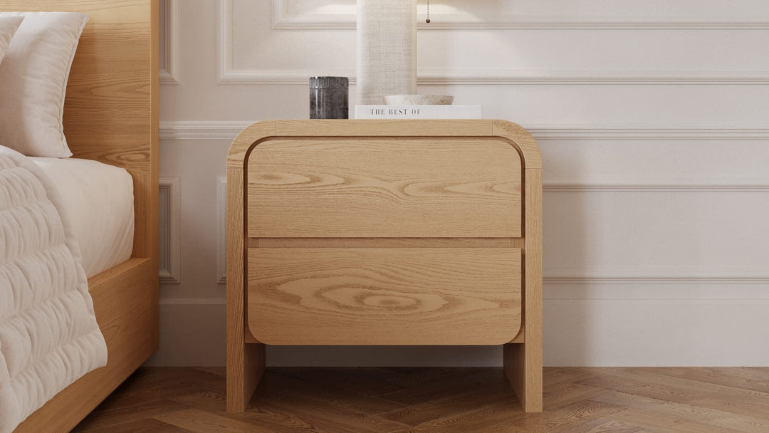 Elora Two Drawer Nightstand in Timber — in a bedroom setting