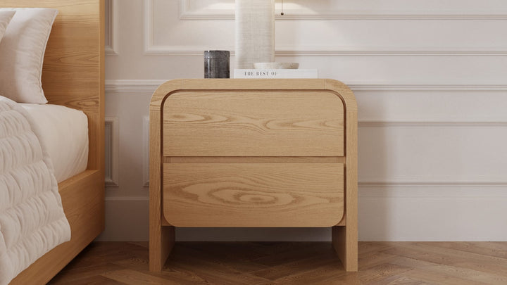 Elora Two Drawer Nightstand in Timber — in a bedroom setting