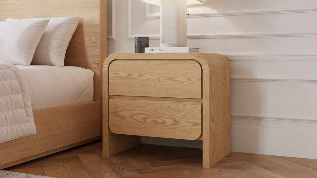 Elora Two Drawer Nightstand in Timber — in a bedroom setting