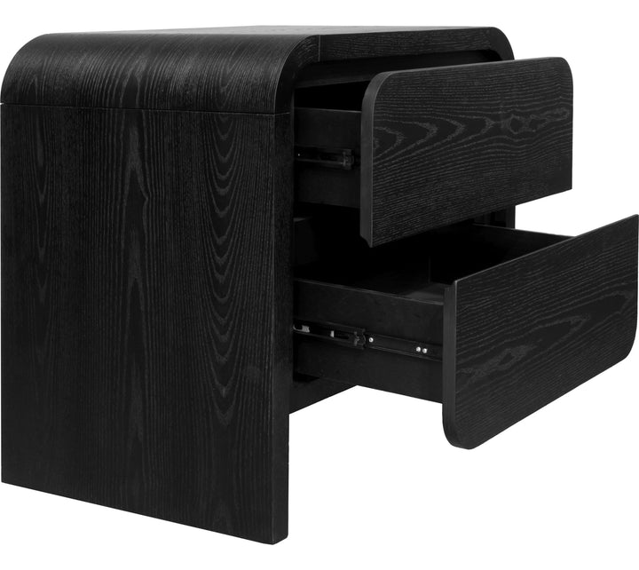 Elora Two Drawer Nightstand in Jet — with drawers open