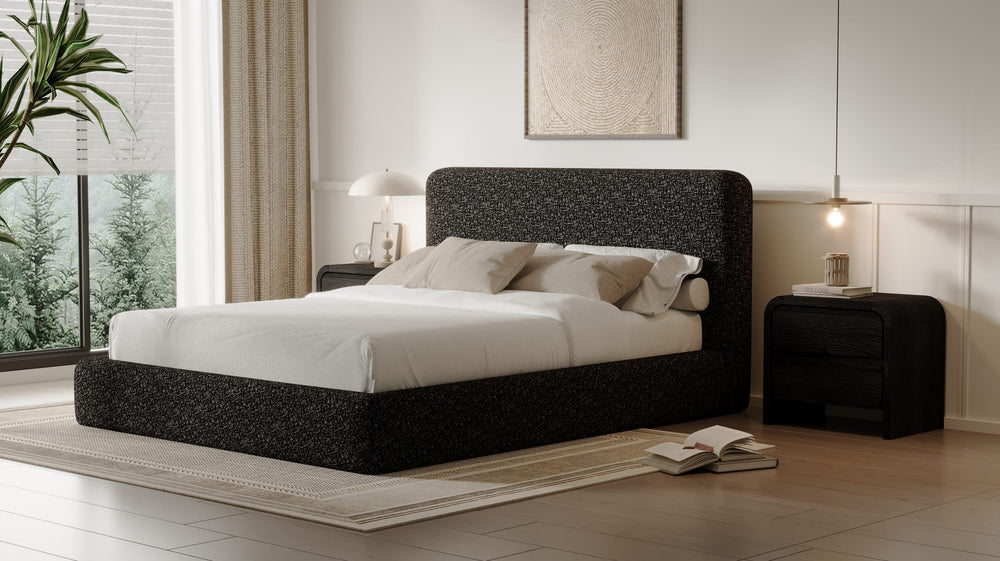 Elora Upholstered Platform Bed in Moonlight Chenille styled in a bedroom