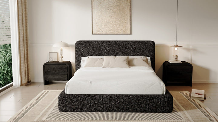 Elora Upholstered Platform Bed in Moonlight Chenille styled in a bedroom