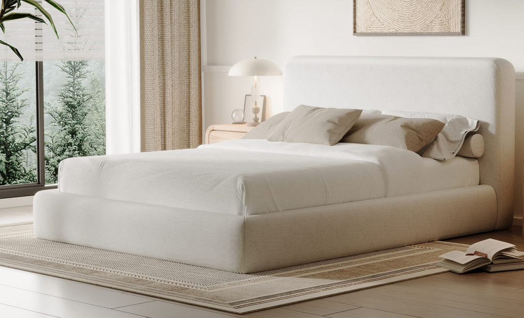 Elora Upholstered Platform Bed in Whitewashed Chenille styled in a bedroom