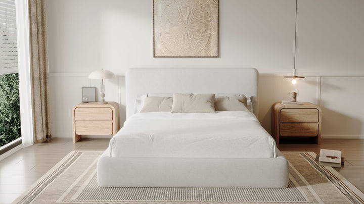Elora Upholstered Platform Bed in Whitewashed Chenille styled in a bedroom