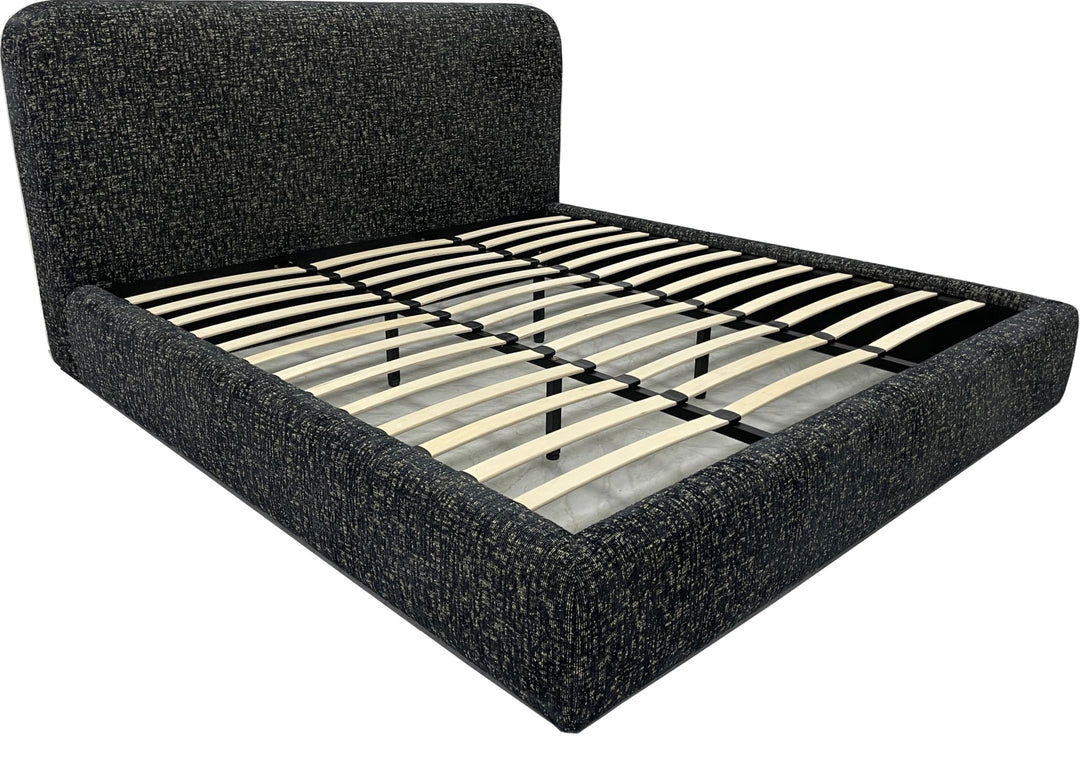 Elora Upholstered Platform Bed in Moonlight Chenille — angled view showing bentwood slats