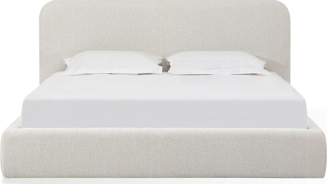 Elora Upholstered Platform Bed in Whitewashed Chenille — white background, front view