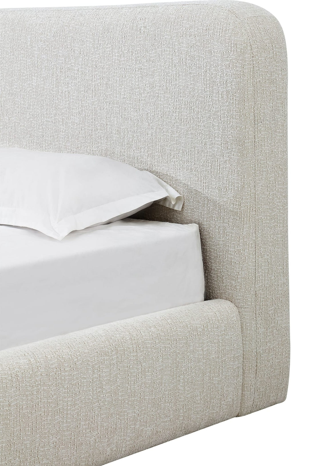 Elora Upholstered Platform Bed in Whitewashed Chenille — close-up of the rounded headboard