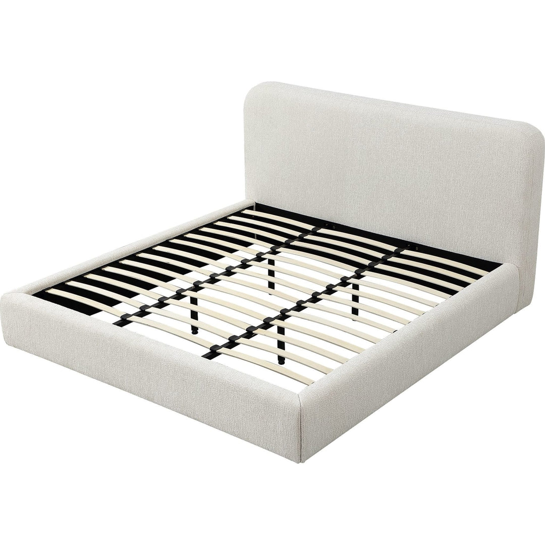 Elora Upholstered Platform Bed in Whitewashed Chenille — angled view showing bentwood slats