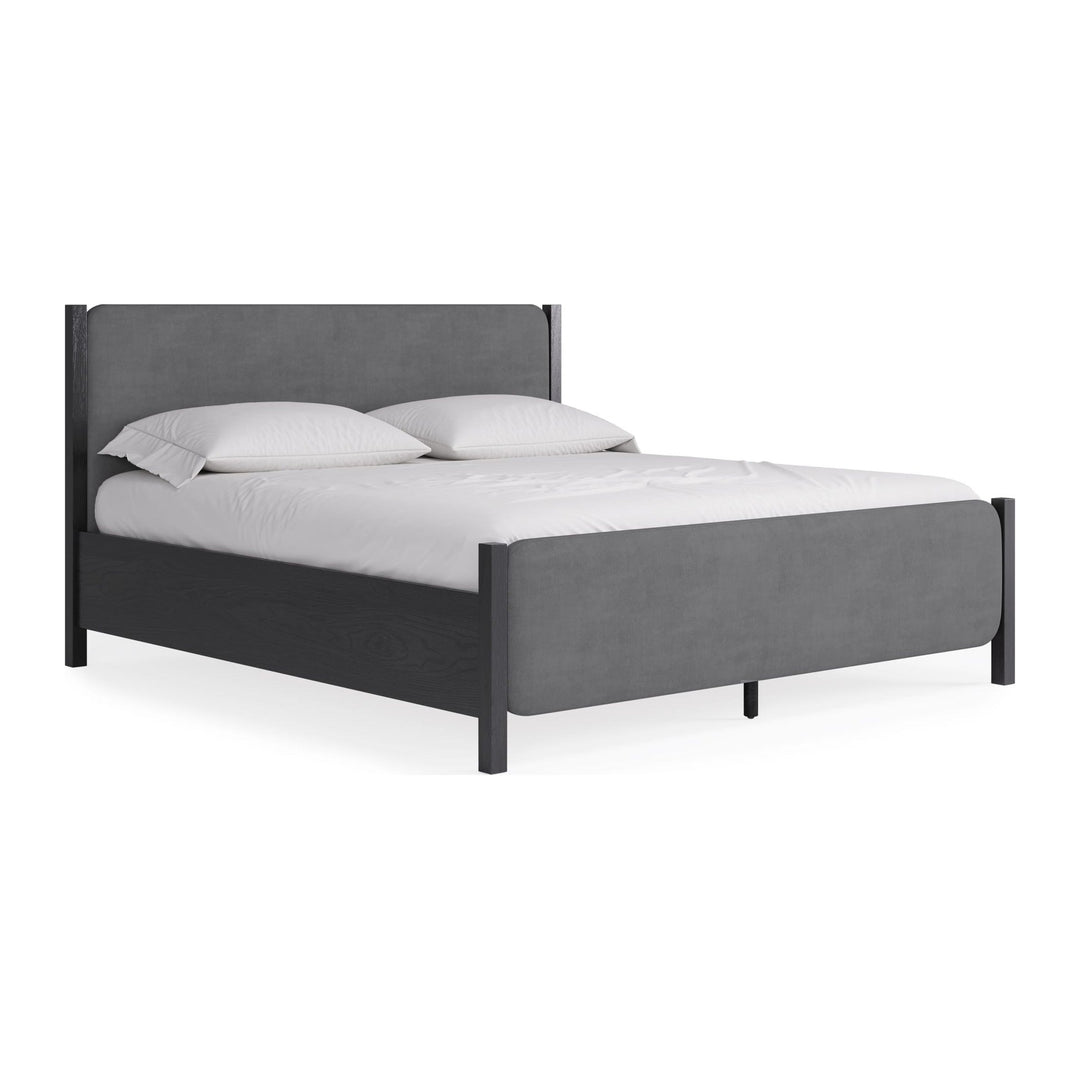 Elora Wood and Velvet Upholstered Bed by Modus in Jet and Charcoal — white background, angled view