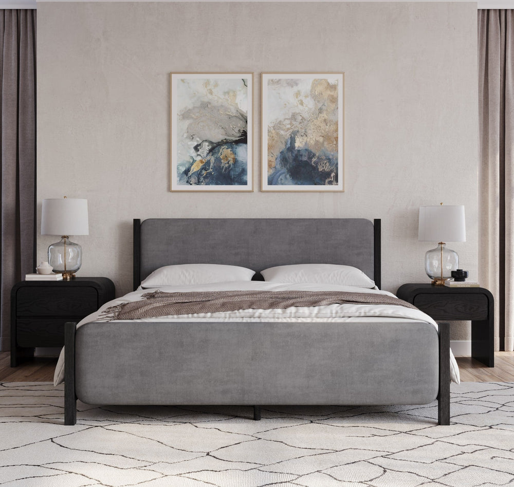 Elora Wood and Velvet Upholstered Bed in Jet and Charcoal styled in a bedroom