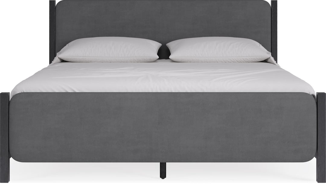 Elora Wood and Velvet Upholstered Bed in Jet and Charcoal — white background, front view