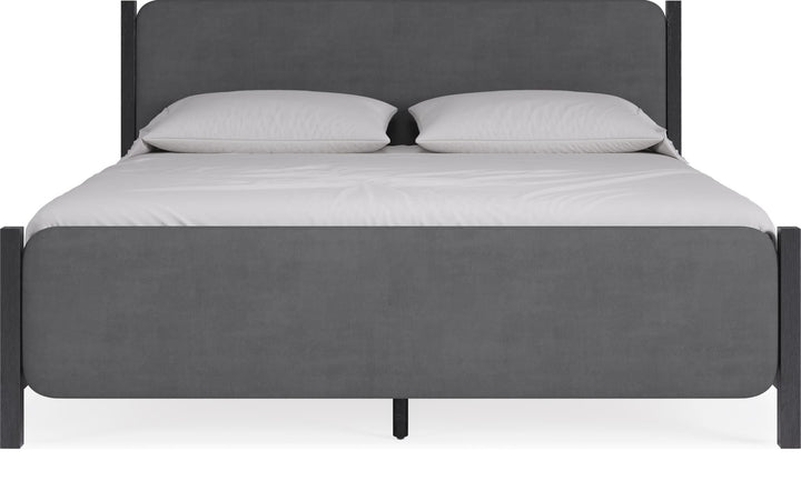 Elora Wood and Velvet Upholstered Bed in Jet and Charcoal — white background, front view