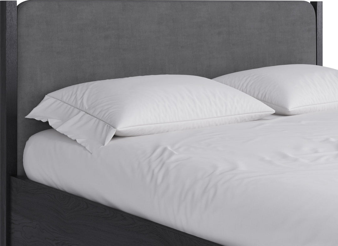 Elora Wood and Velvet Upholstered Bed in Jet and Charcoal — close-up of the charcoal velvet headboard panel