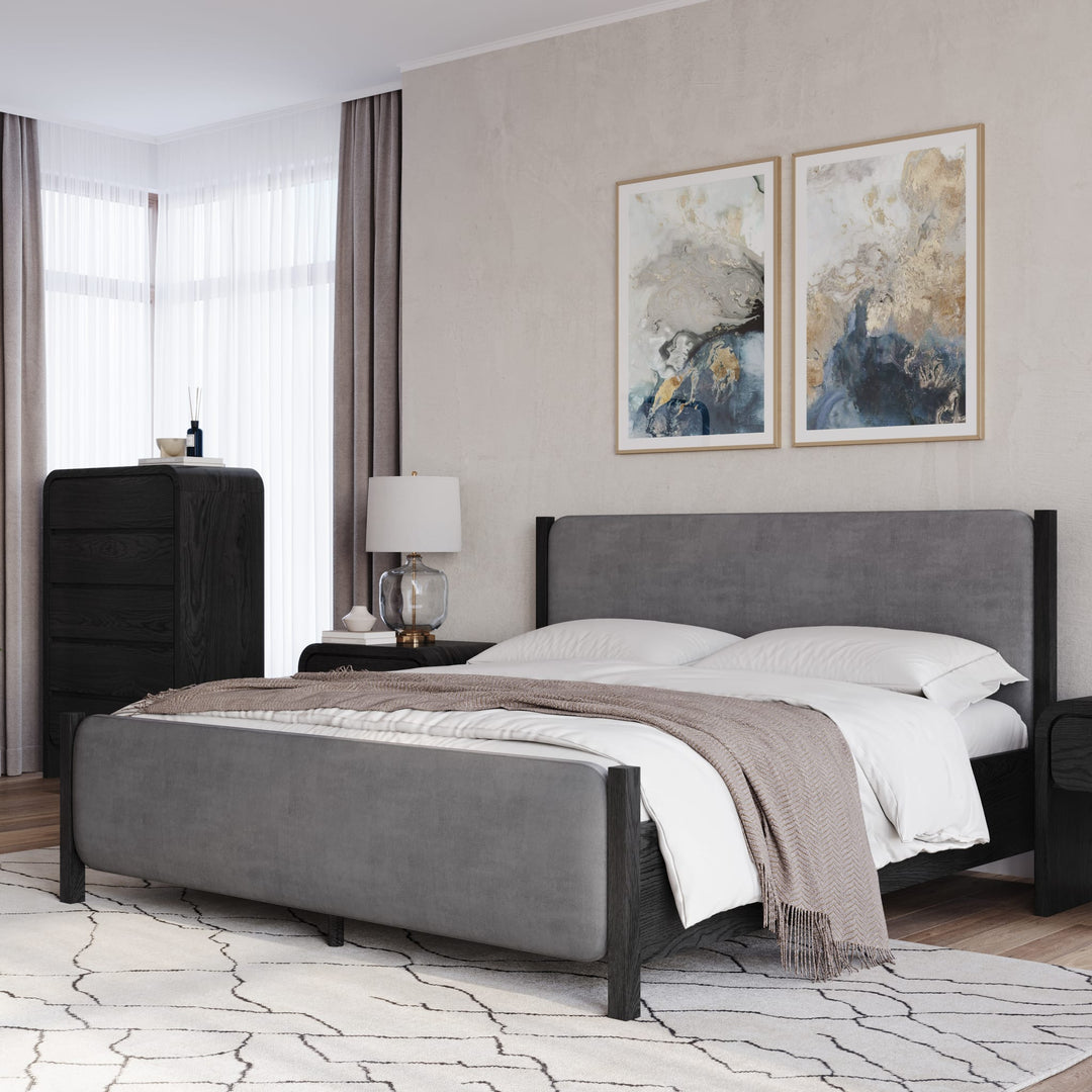 Elora Wood and Velvet Upholstered Bed in Jet and Charcoal styled in a bedroom