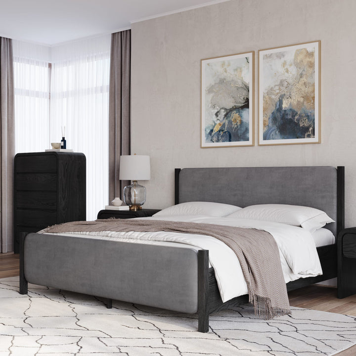 Elora Wood and Velvet Upholstered Bed in Jet and Charcoal styled in a bedroom