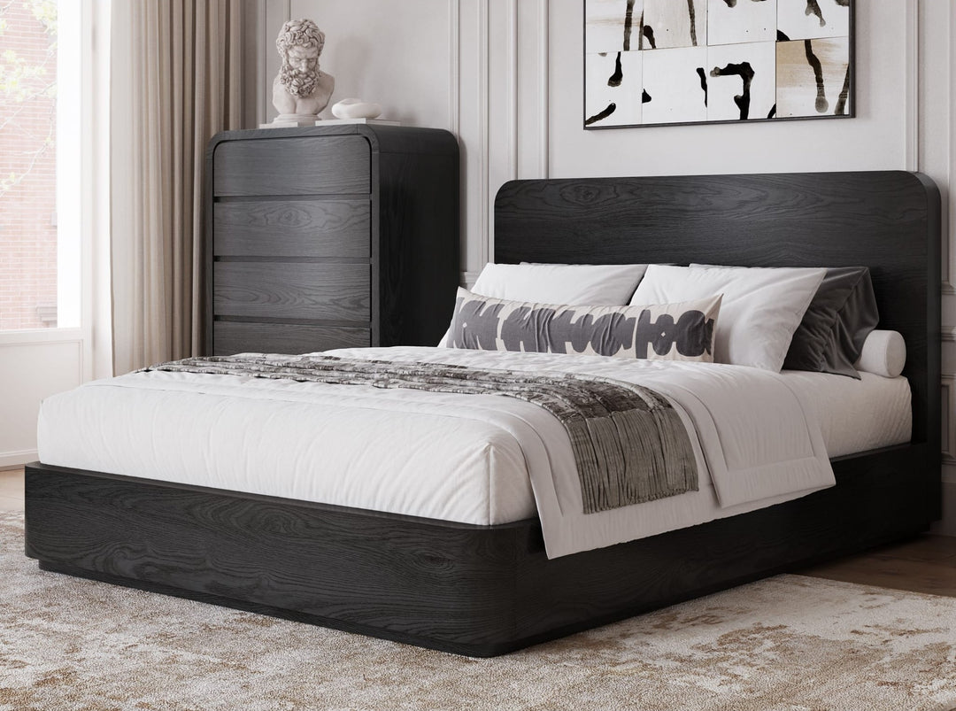 Elora Wood Platform Bed in Jet styled in a bedroom
