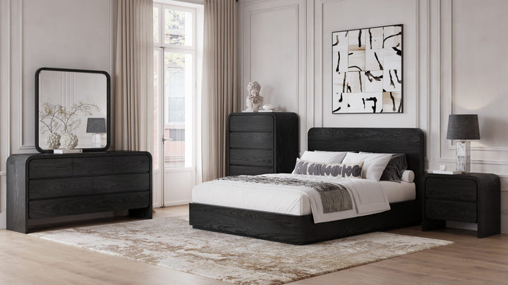 Elora Wood Platform Bed in Jet styled in a bedroom