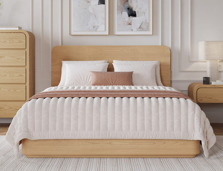 Elora Wood Platform Bed in Timber styled in a bedroom