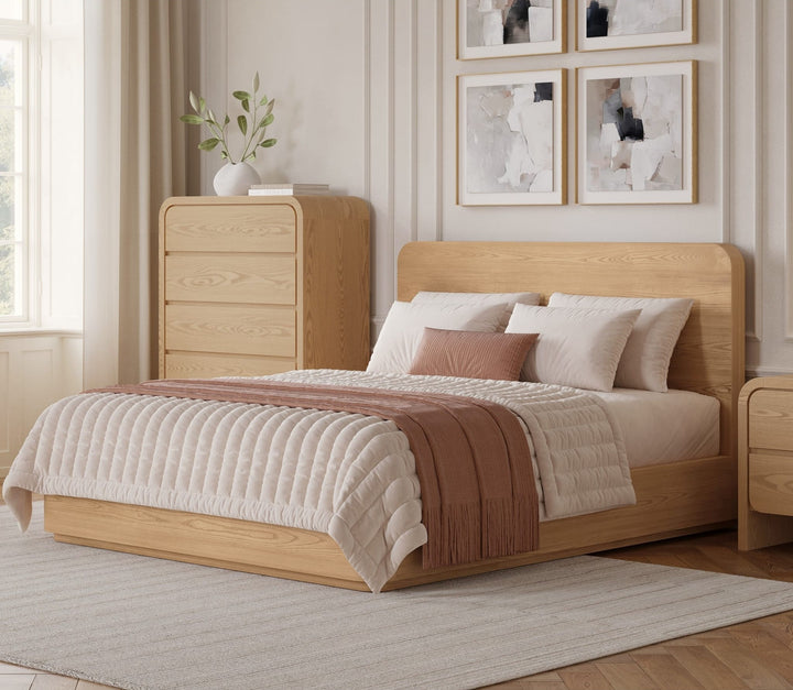 Elora Wood Platform Bed in Timber styled in a bedroom