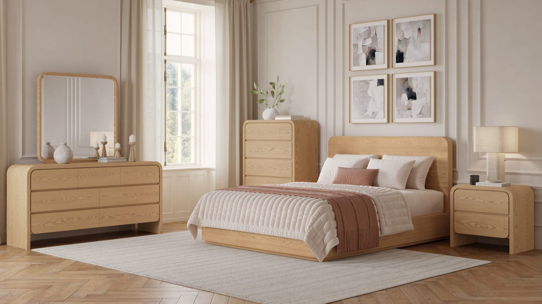 Elora Wood Platform Bed in Timber styled in a bedroom