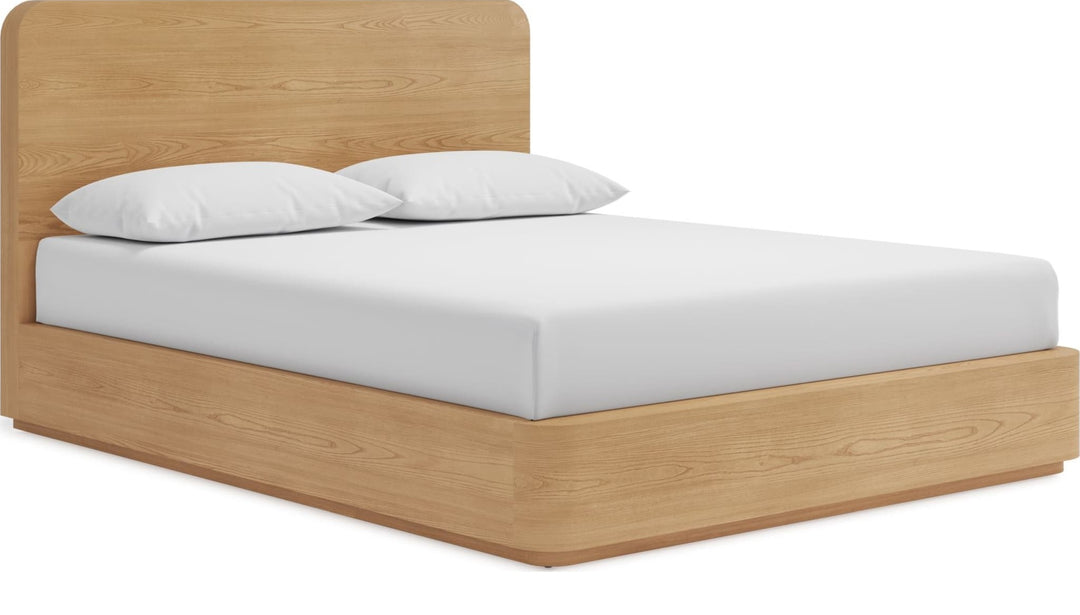 Elora Wood Platform Bed in Timber — white background, angled view