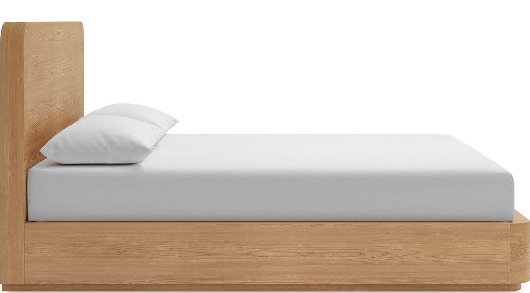 Elora Wood Platform Bed in Timber — white background, side profile