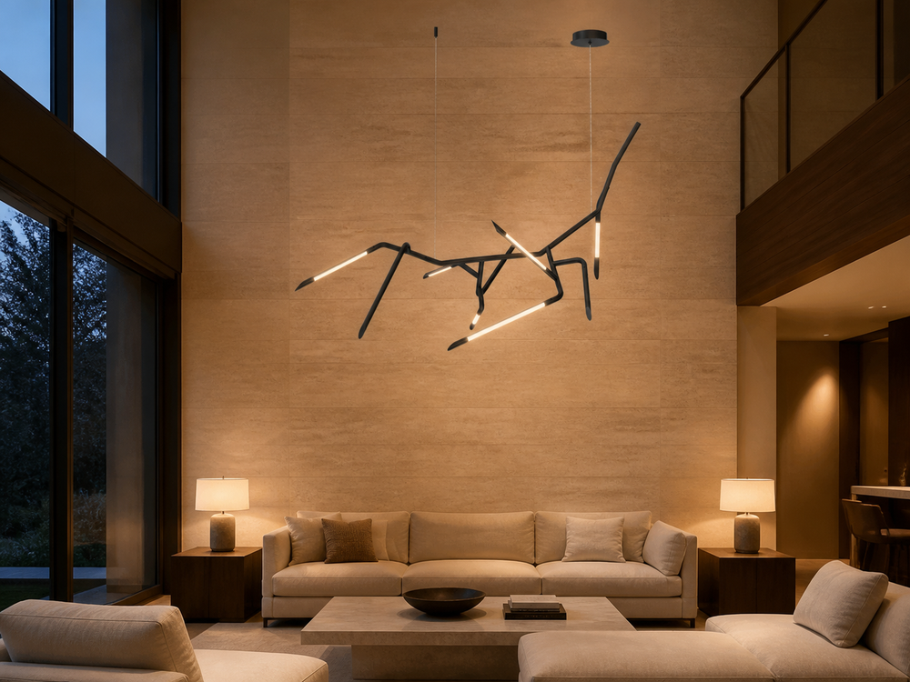 ET2 Scion 50-inch LED pendant in a modern double-height lounge