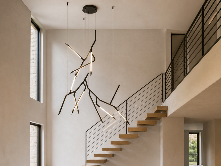 ET2 Scion 53-inch 3-Light LED pendant in a modern stair hall